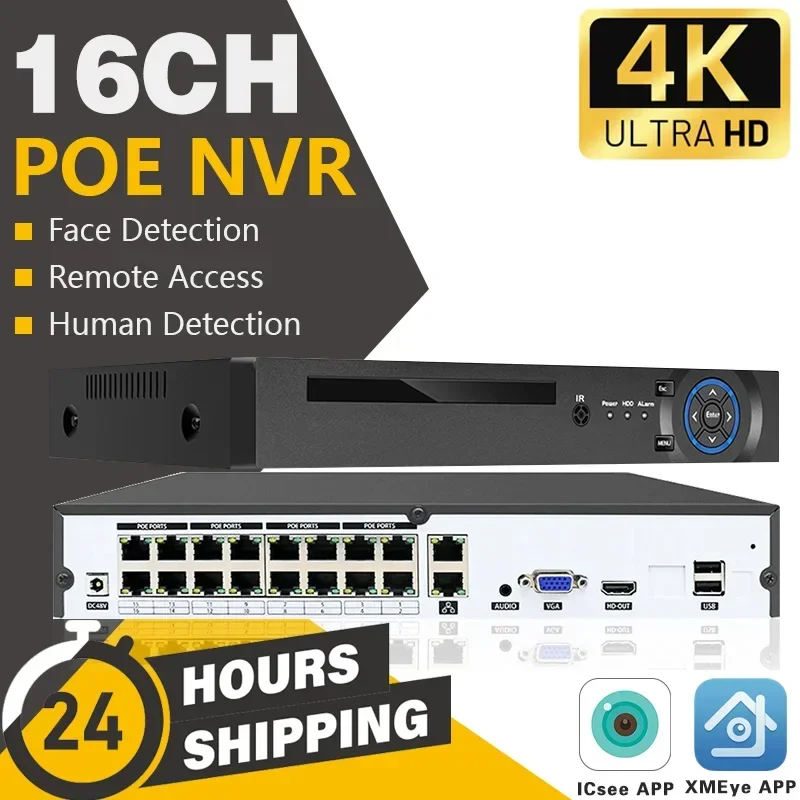 XMeye 16ch POE NVR 4K 8MP Support Network Video Recorder Register H.265+ 8T HDD 24/7 Recording IP Camera P2P System Security