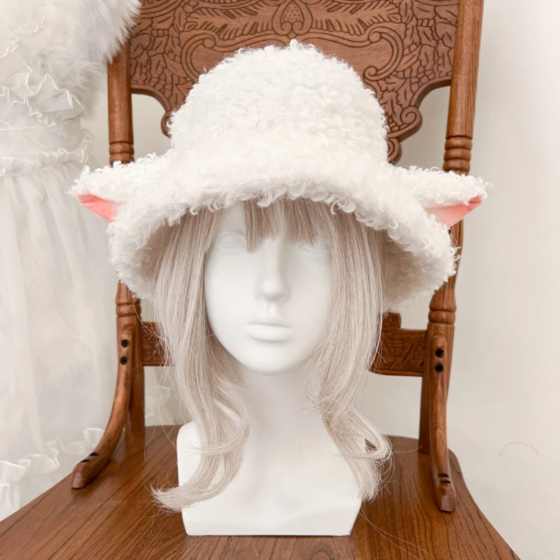 

Homemade sheep volume harajuku lovely white fluffy hat sheep ear fisherman hat