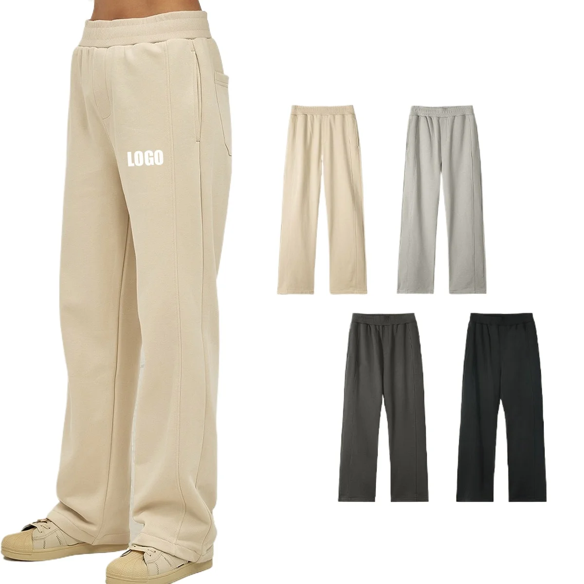 

Custom LOGO men's 350G heavy cotton polyester straight loose terry splicing wide-leg drawstring couple casual trousers