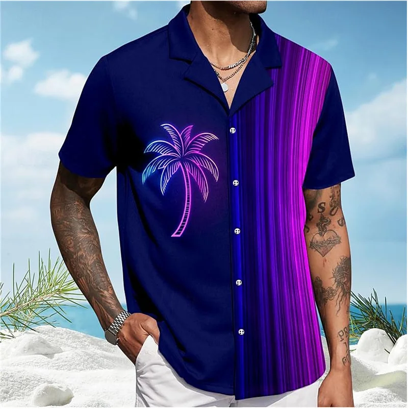 

Coconut Tree Print Block Color Men's Hawaiian Style Short Sleeve Button Down Lapel T-shirt For Summer Resort Vacation