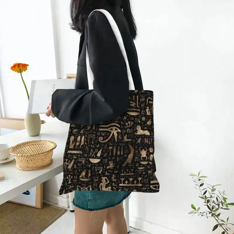 Ancient Egyptian Hieroglyphs Grocery Shopping Bag Custom Printing Canvas Shopper Tote Shoulder Bags Egypt Culture Handbag