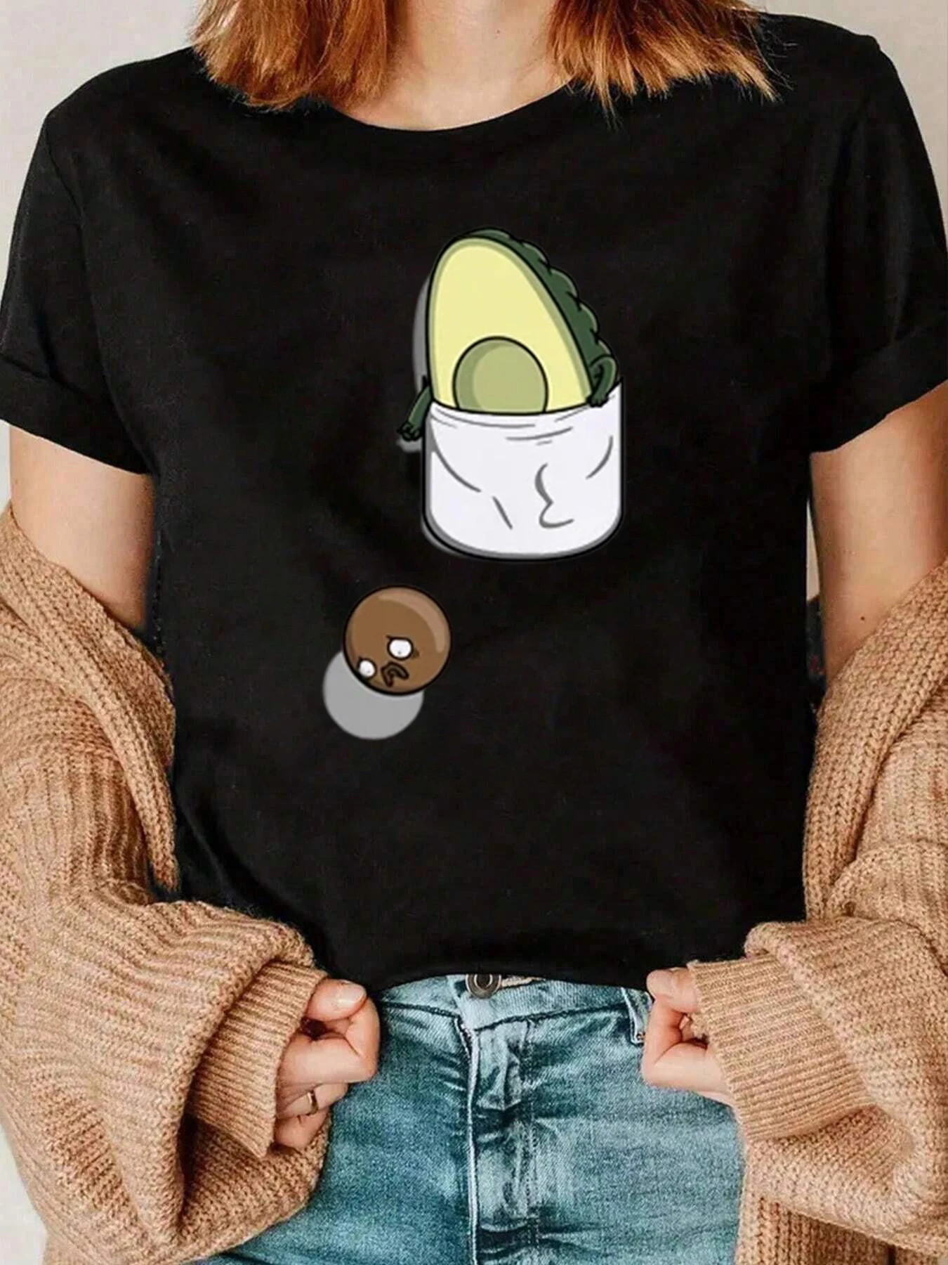 아보카도와 피트 프린트 티셔츠 여성용 캐주얼웨어 220g