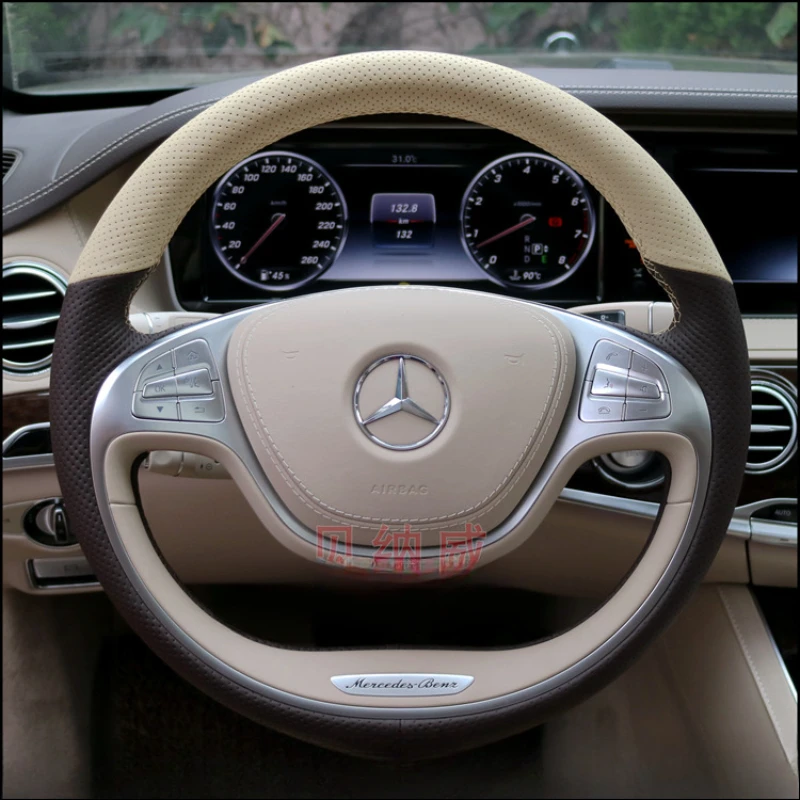 

Для Mercedes Benz S Class S400 S320 S350 2014-2017 Нескользящий перфорированный чехол на руль из натуральной кожи с ручной строчкой