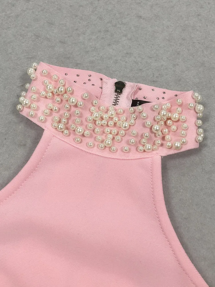 Feminino sexy o pescoço beading pérola rosa maxi longo duas peças saia bandagem conjunto 2025 celebridade designer moda feminina conjunto