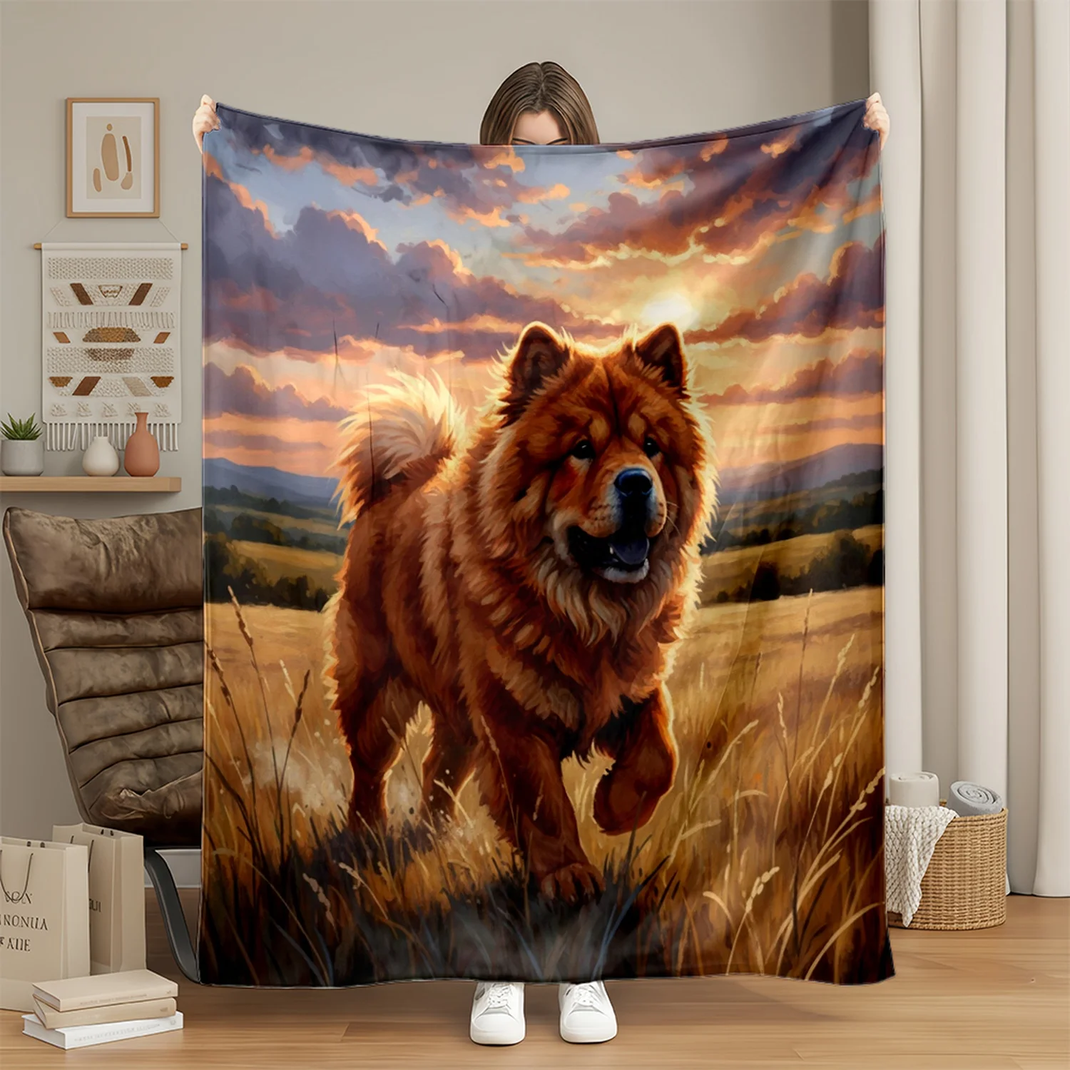 Cozy Dog Blanket Throw Fleece Pet Lover Gift for Couch Bedroom Decor Realistic Puppy Sunset Art Throw Blanket