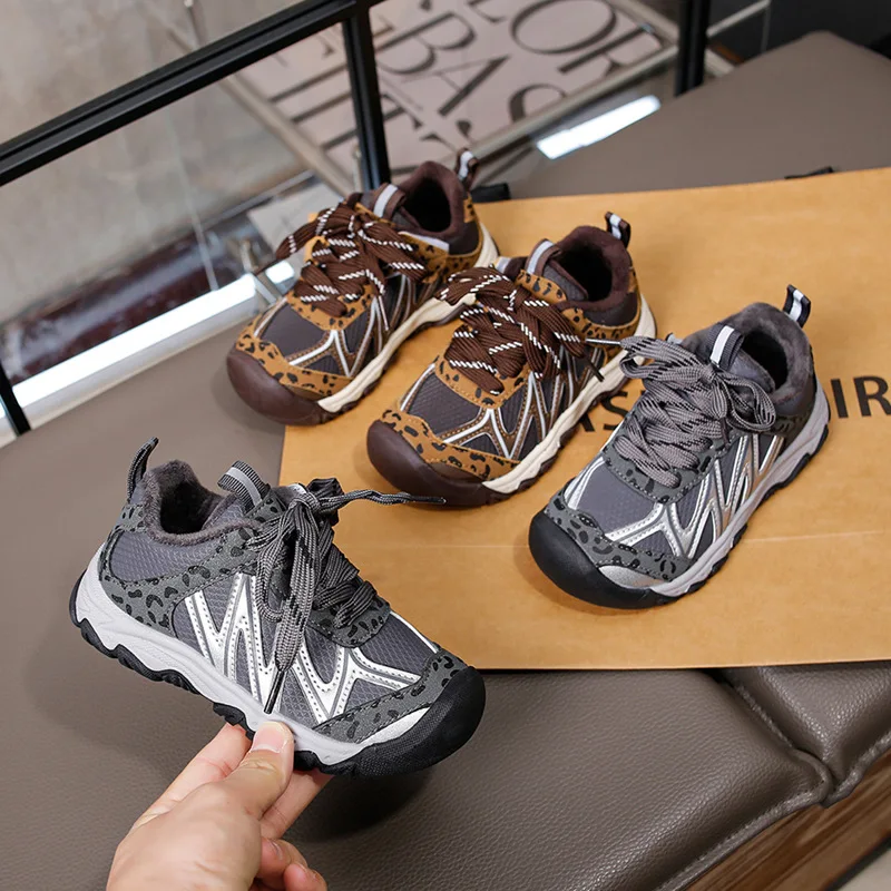 Kids'Casual Shoes PU Leather Winter Fashion Sports Shoes For Children Designer Warm Anti-slip Grey Brown Shoes Size 26-37