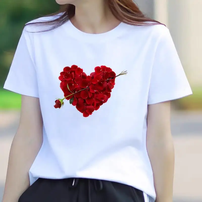 Modal Fabric Flower Love Thin Female Print Summer Burst Short Sleeve T-shirt Women Clothes  Aesthetic  Graphic T Shirts