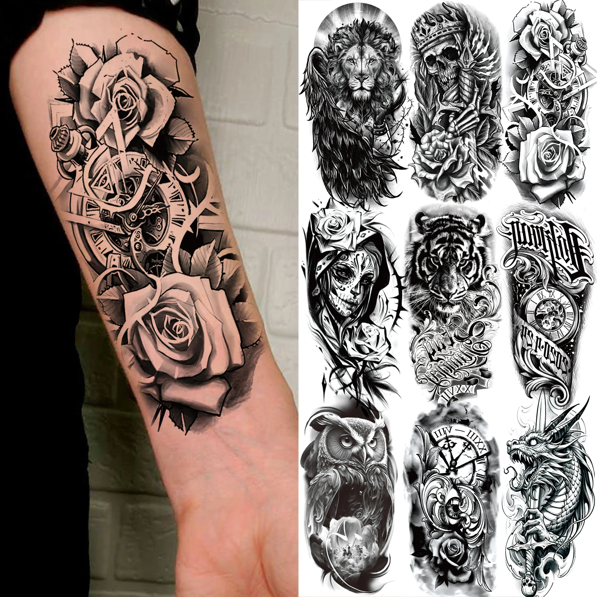 1 Sheet Compass Flower Temporary Tattoos For Women Men Adults Skull Lion Owl Tattoo Sleeve Sticker Black Fake