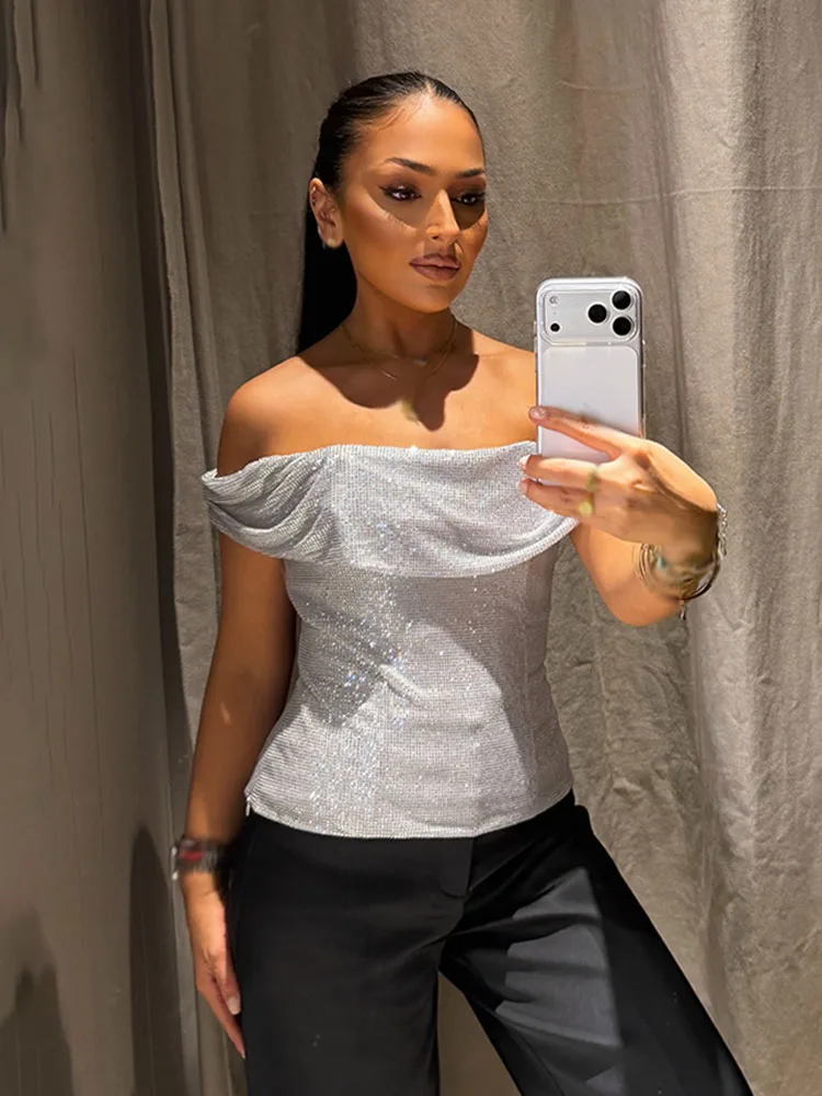 HH Weibliche Sexy Schlank Top Silber Einteiliges Kragen Ärmellose Backless Diamant Dekoration frauen Neue Mode Sommer Kurze Tops