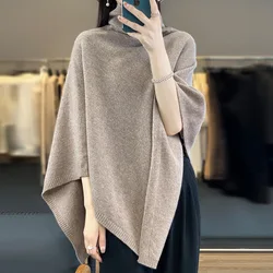 New Autumn and Winter 100% Wool Pile Collar Large Shawl for Women Pure Color Asymmetrical Versatile Knitted Cape with Cape