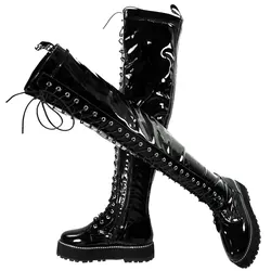 Plus Size Shoes Women Lace Up Patent Leather Over The Knee High Boots Female Round Toe Platform Pumps Big Size Shoes Casual Shoe