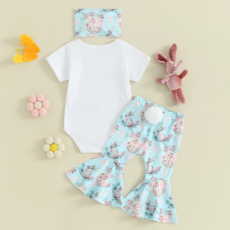 Baby Girl Easter Bell Bottom Outfits Cute Bunny Romper Bodysuit Flare Pants Headband My First Easter Clothes Sets