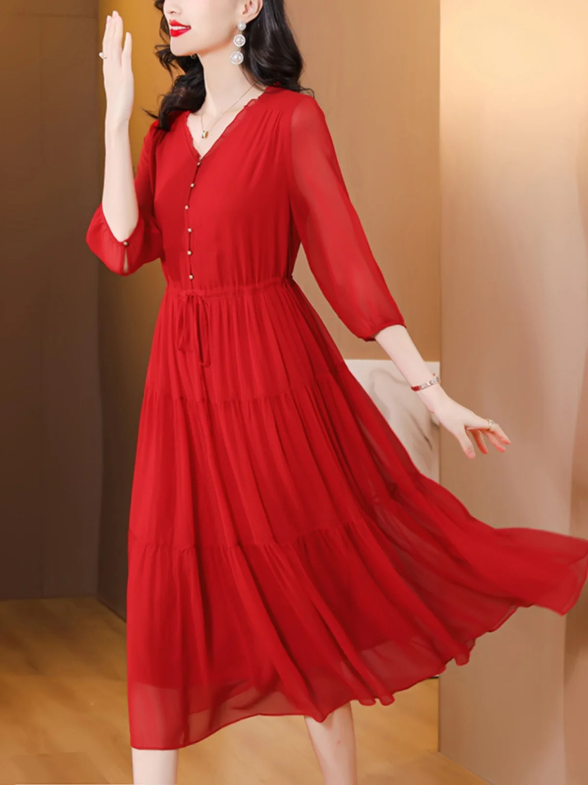 Summer New Silk Red Vintage Loose Midi Dress Women Elegant Bodycon Evening Dress Bandage Casual Holiday Party Pretty Dress E5523