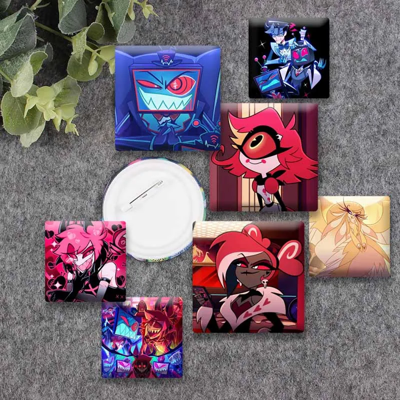 H-Hazbin H-Hotel Anime Square Pins Cartoon Angel Dust Alastor Vox Enamel Badge Brooch for Bag Cosplay Jewelry Accessories Gifts