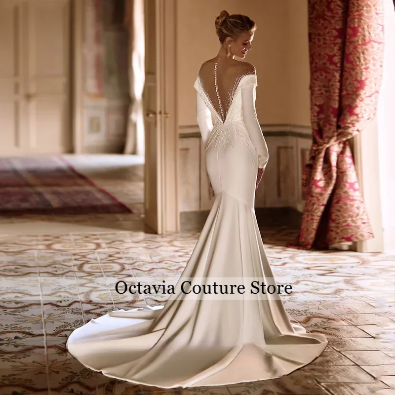 Wedding Dress Mermaid Customized V Neck Long Sleeves Beading Sequined Sweep Train Illusion Back Buttons Bridal Gowns