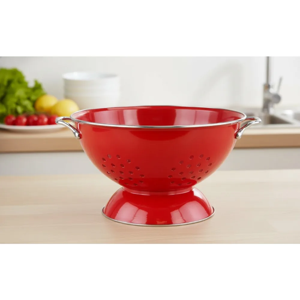 

5 Quart Stainless Steel Colander, Red Enamel Finish, Strain Hot/Cold Food, Durable Kitchen Tool for Families