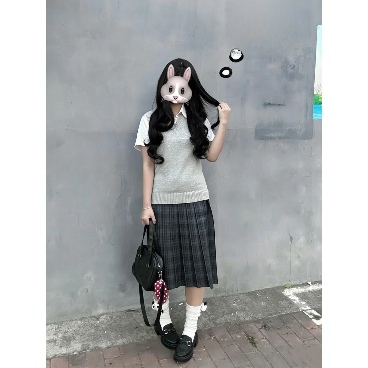 

Summer College Style JK Uniform Knitted Vest Short Sleeve Shirt Layering Long Skirt Set Light Grey Breathable Fashion Ensemble