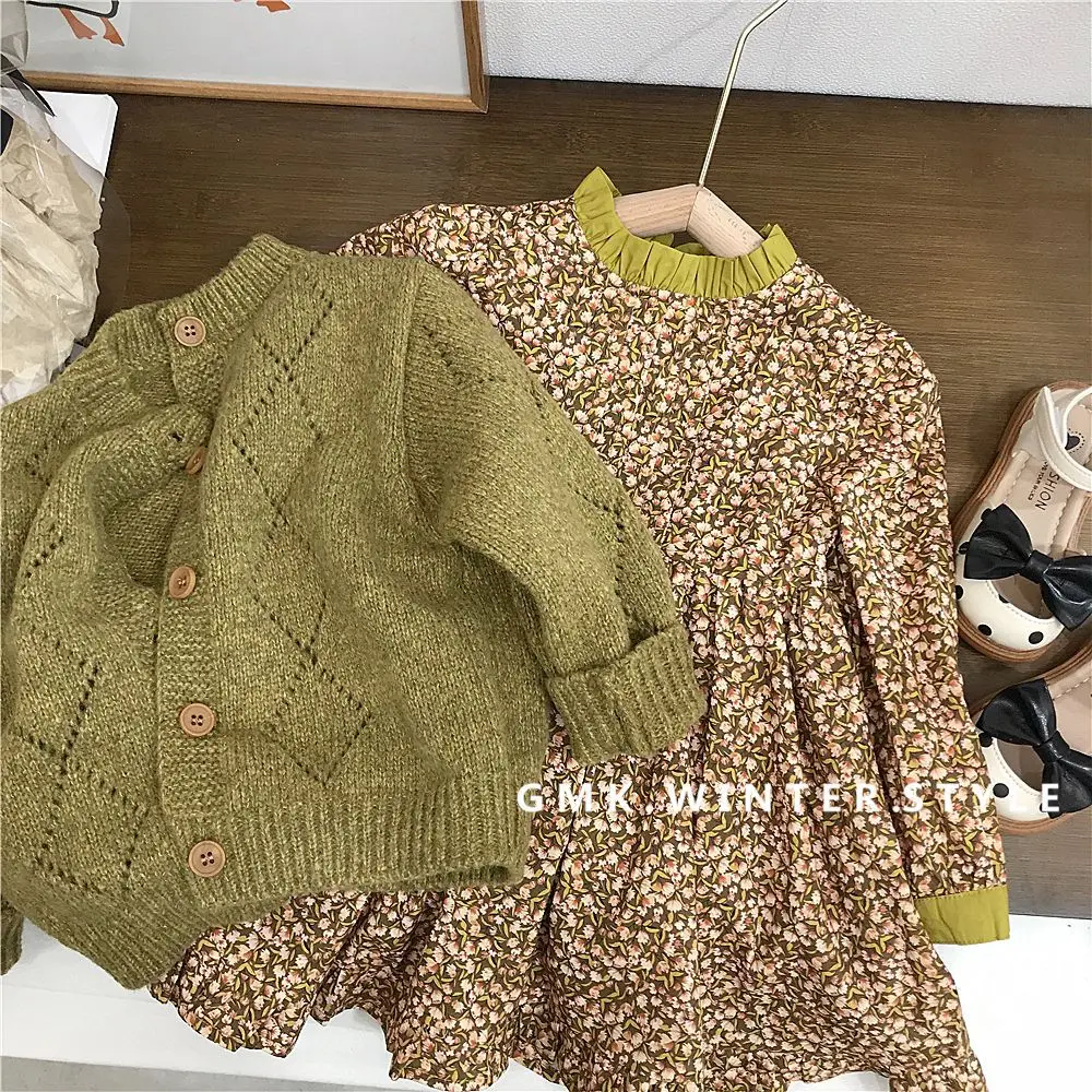 

Girls Floral Dress Set Autumn Dress Little Girl Knitted Sweater Jacket Children's Mori Autumn Two-piece Skirt