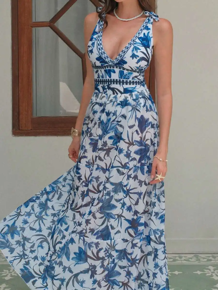 Blue Floral V-Neck Halter One-Piece Swimsuit With Sheer Flowy Skirt, Backless Summer Beach Dress For Women