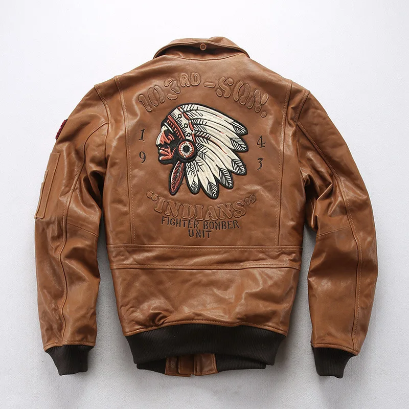 Factory 2024 Men Embroidery Indian Skull Air force flight A1 Pilot Sheepskin Jacket Casual Wool collar Real leather jacket