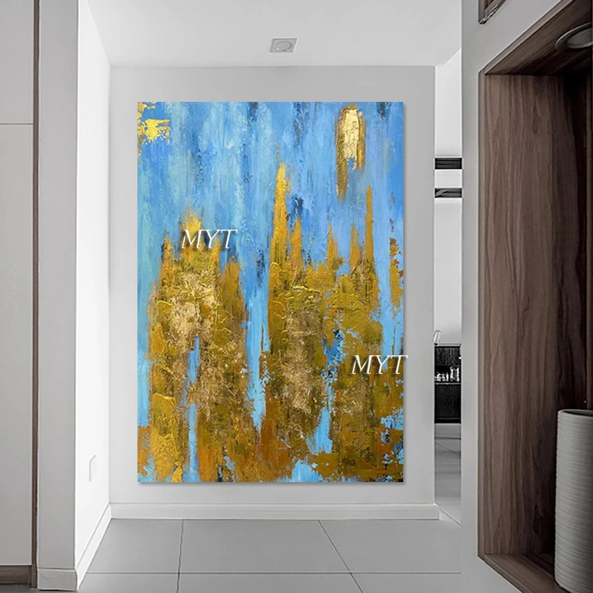 

Blue Color Style Design Artwork Canvas Abstract Picture，Gold Foil Paintings Frameless Large Size Outdoor Wall Art Decorative