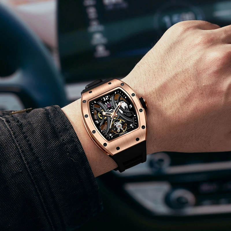 Luxury Fashion Custom Waterproof Rubber Watch Sports Shape Hollow Automatic Mechanical High End Barreling Watch