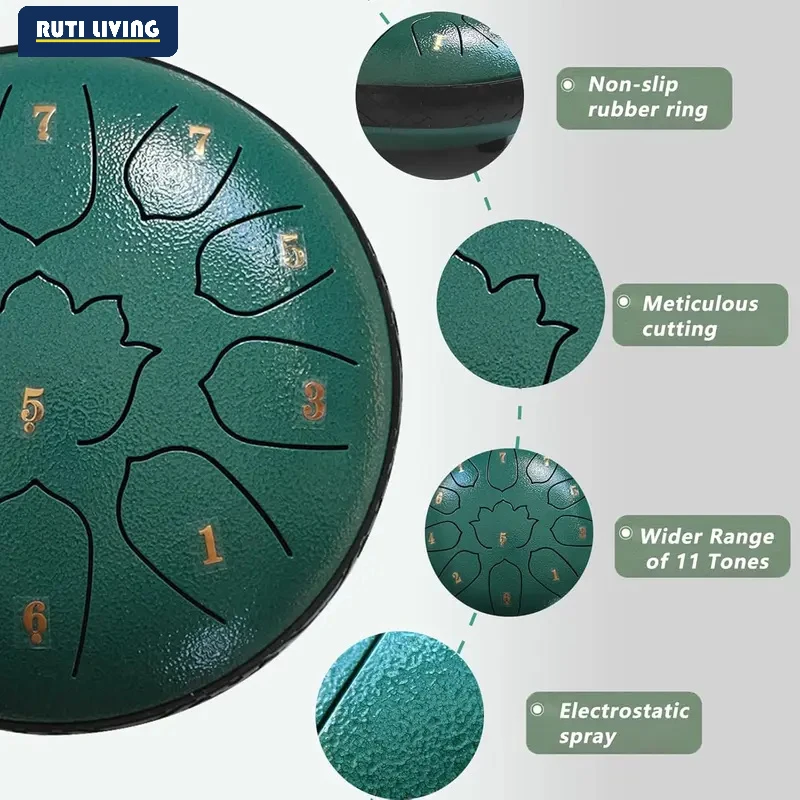 Hluru Glucophone Steel Tongue Drum10 Inch 11 Notes Tank Drum Key Handpan with Carry Bag for Meditation Musical Instrument