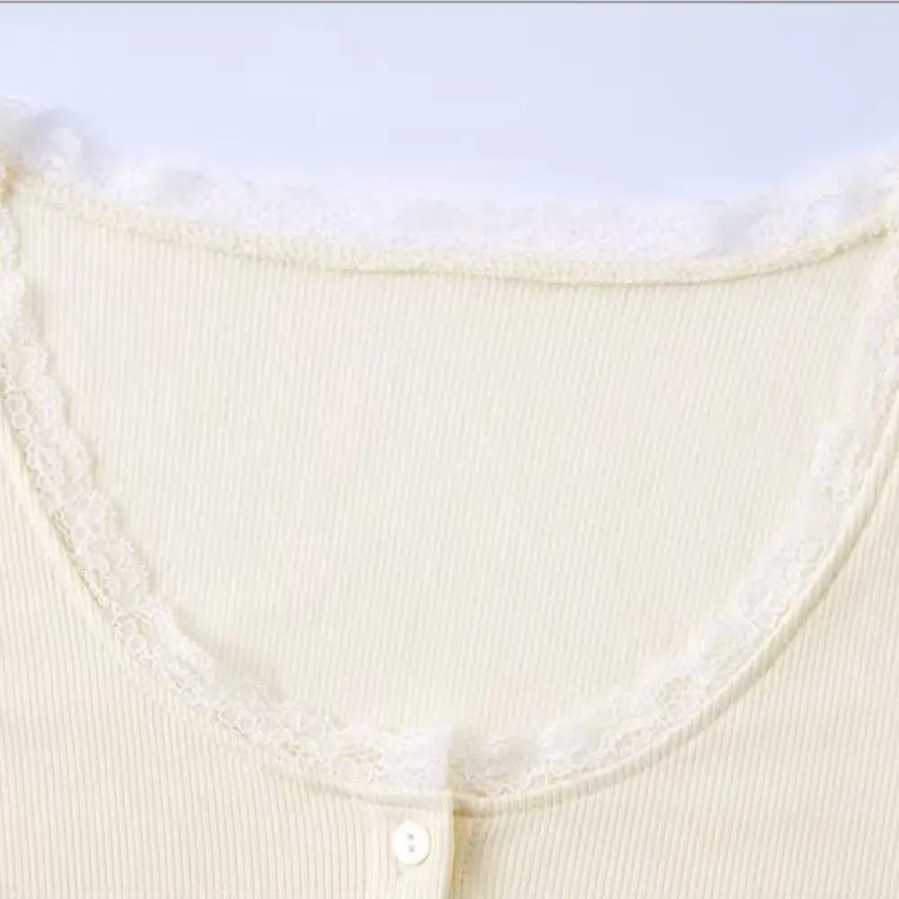 Solid Color Women Lace Trim T-shirt Short Style Pure Desire Long Sleeve T-shirt Korean Version Slimming Fit Slim Fit Cardigan