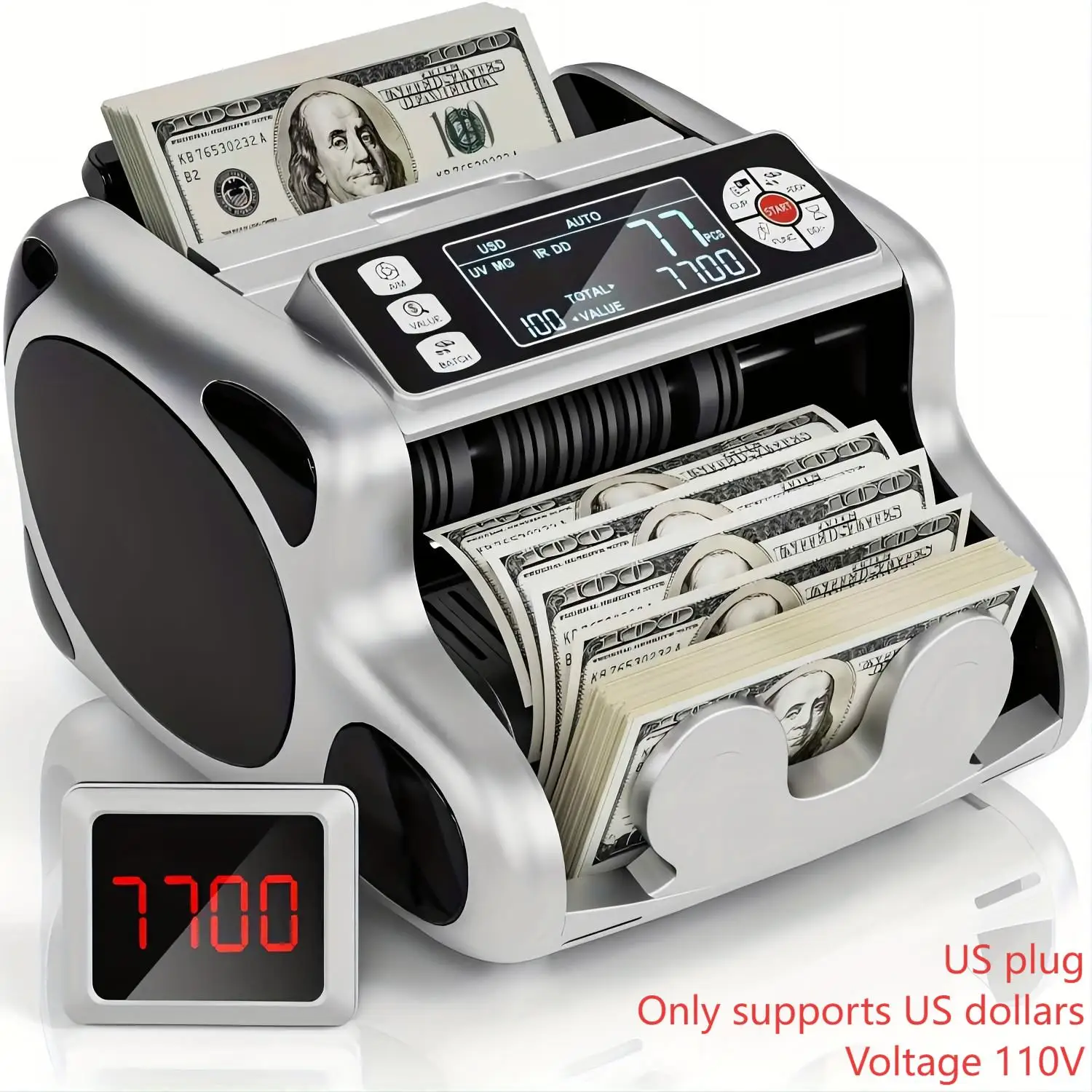 

US Plug 110V Voltage, Add/Batch/Auto/Manual Modes USD EUR Money Counter Machine UV/MG/IR/DD Cash Counterfeit Detectors,
