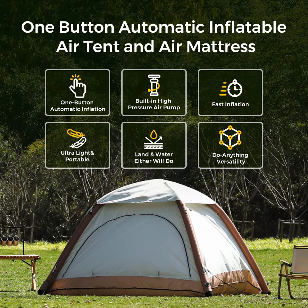 Inflatable Tent 2-4 Person 4-Season Waterproof Windproof Ultra-Light Oxford Fabric Automatic Setup Mesh Windows Glamping Tent wi