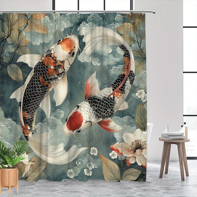 1pc Koi Fish in Cloudy Sky Shower Curtain - Japanese Ink-Inspired Design with Black, White, and Orange Koi Fish