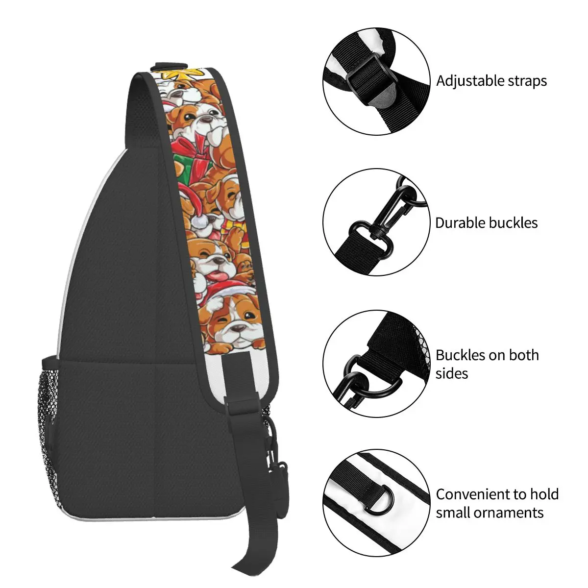 Inglês Bulldog Natal Xmas Sling Bag Peito Crossbody Ombro Mochila Viagem Caminhadas Daypacks Inverno Homens Mulheres Pacote