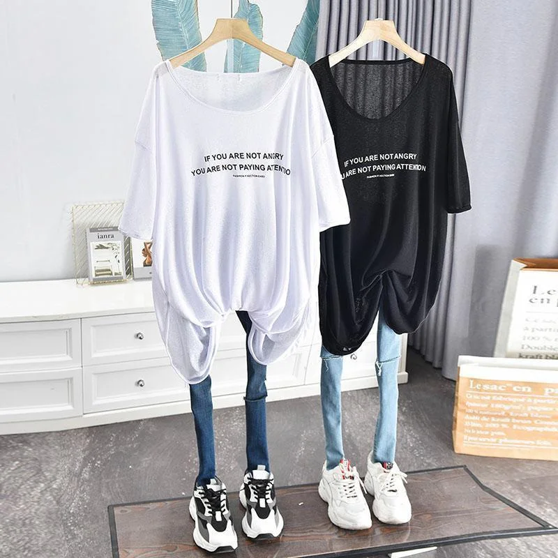 

Женская блузка больших размеров из ледяного шелка с коротким рукавом в корейском стиле, свободного кроя, летняя, с защитой от солнца, средней длины, повседневная, удобная верхняя одежда