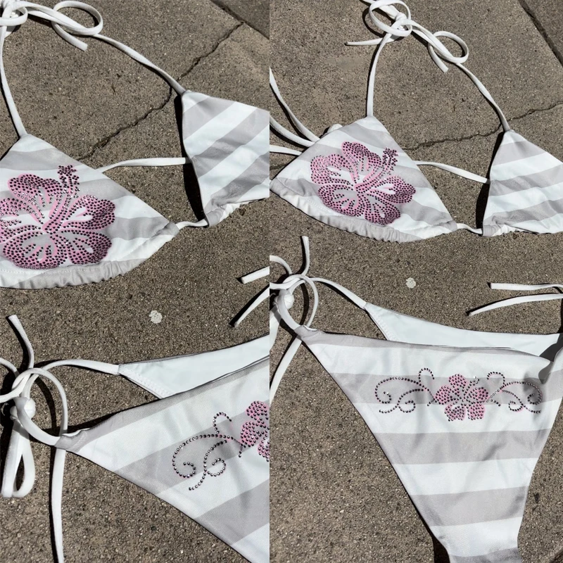 

Y2K Летний панк-пряный стиль для девочек, сказочный цветок, горячий ромбовидный принт, подвесной ремень на шею, сексуальный праздничный облегающий комплект бикини с открытой спиной