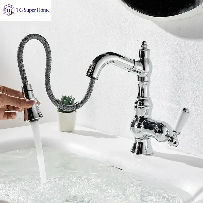 French-style gold-toned brass pull-out mixer tap Luxury vintage bathroom cabinet with ceramic-handled swivel hot/cold mixer tap