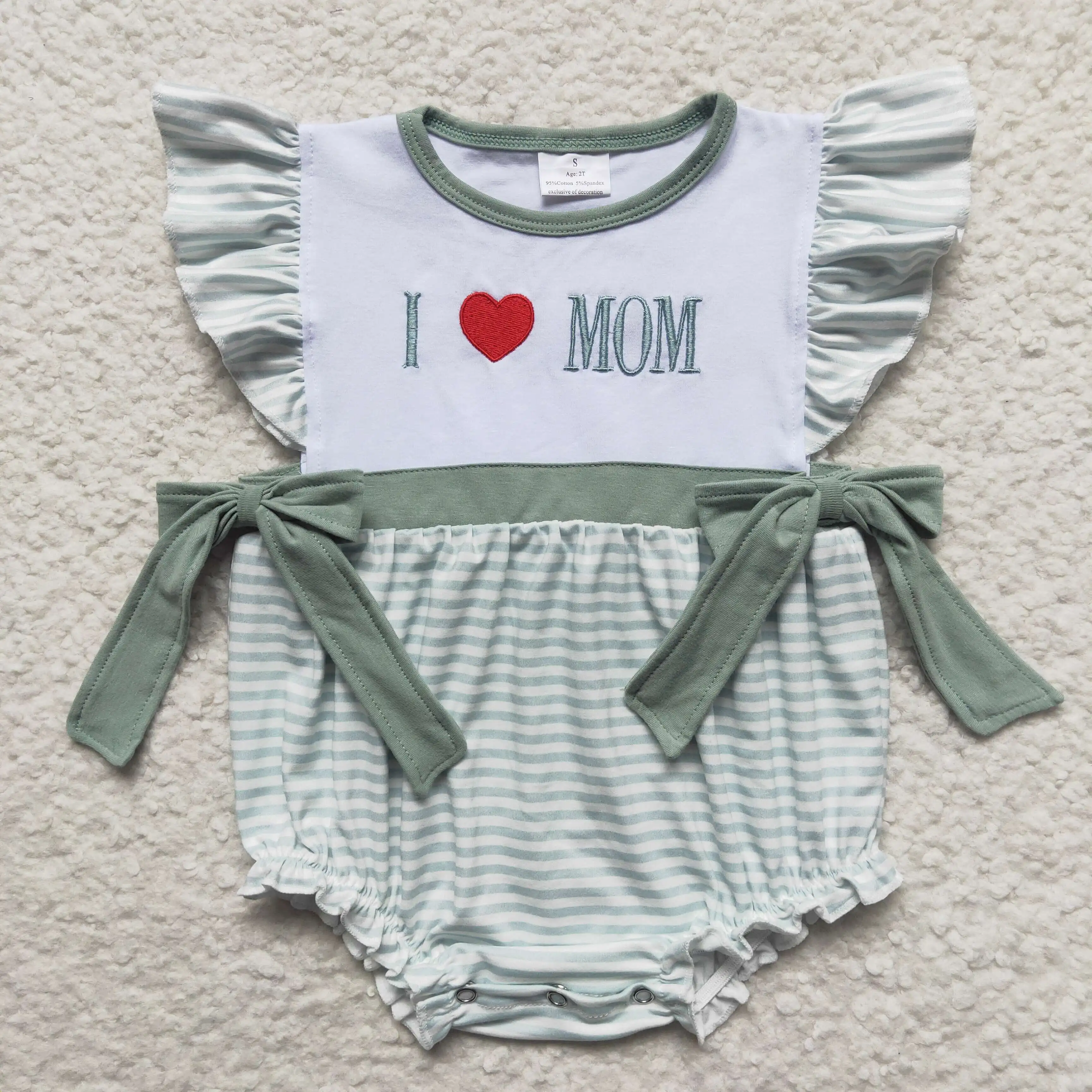 

2​023 New Design RTS Infants Green Striped Bodysuits Kids Toddler Clothing Baby Embroidery Rompers