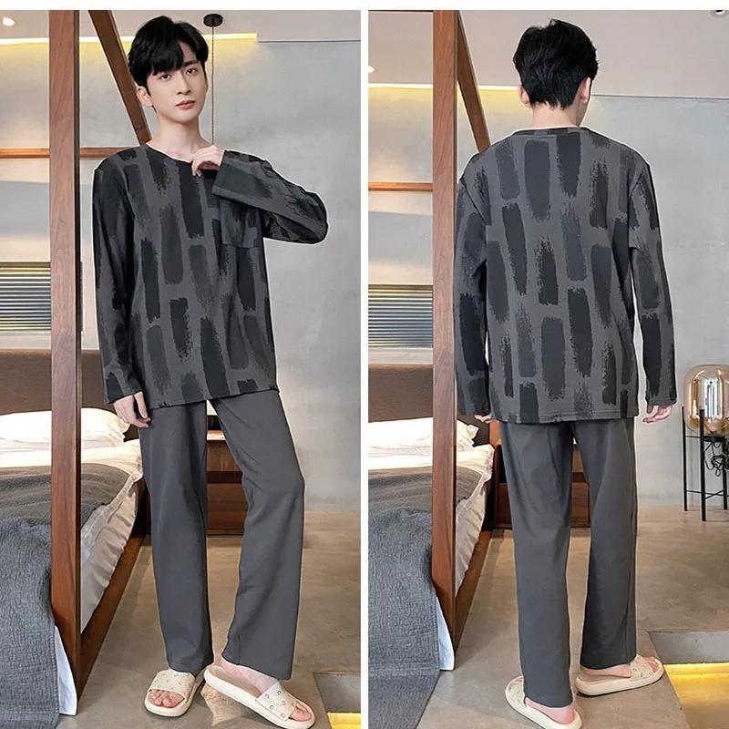 Big Size Men Sleepwear Autumn Winter Cotton Casual Long-Sleeved Youth Pajamas Outside the Home Clothing Two-Piece Set Striped