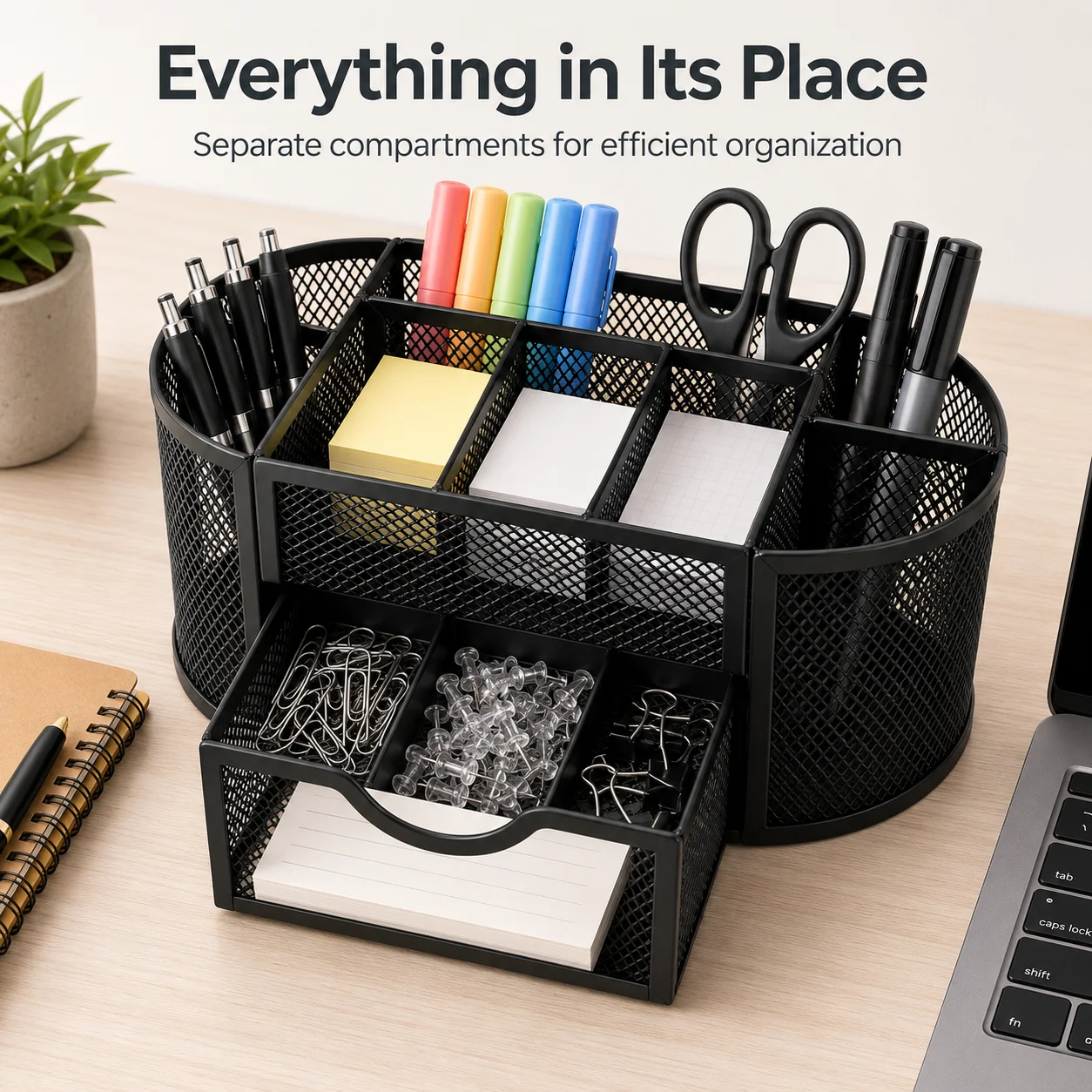 Black mesh desktop storage pen holder, multi compartment metal desktop storage box, used for storing office supplies