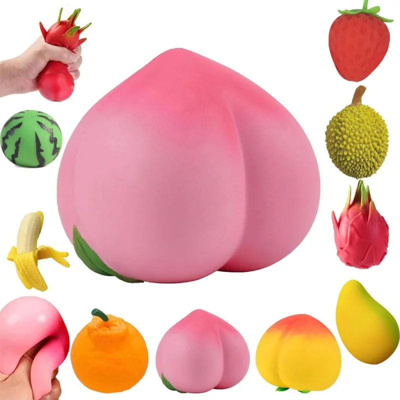 Brinquedos de Apertar em Formato de Frutas Realistas: Morango, Pitaya, Pêssego, Durian, Manga – Bolas Macias Antiestresse para Adultos e Crianças