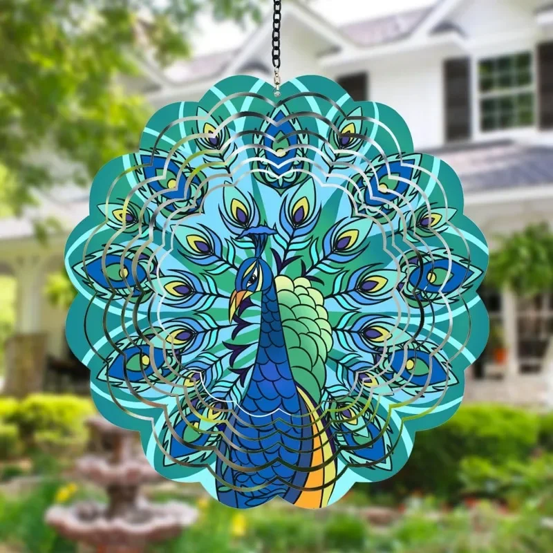 Metal Peacock Wind Spinners for Garden Hanging Decoration 3D Kinetic Owl Bird Animal Spinner Chime Outdoor Yard Windchime Decor