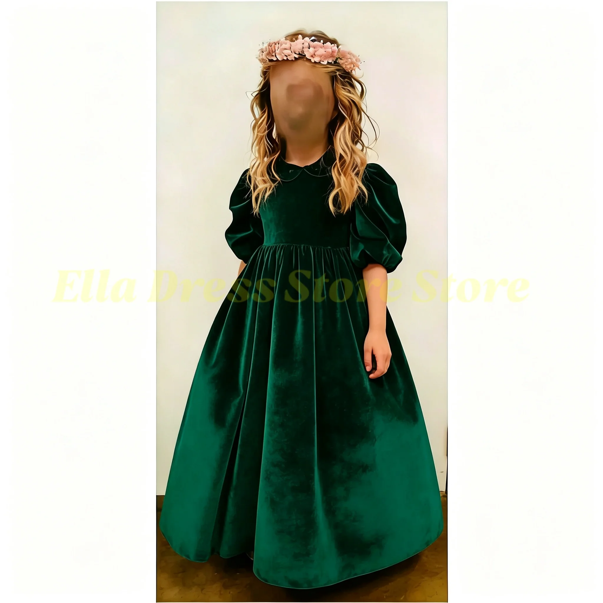Großhandel Maßgeschneidertes Samt-Partykleid mit Stehkragen und Puffärmeln, Blumenmädchenkleid mit Schleife, Maßgefertigtes Kinder-Festkleid für die Kommunion – Detail 4