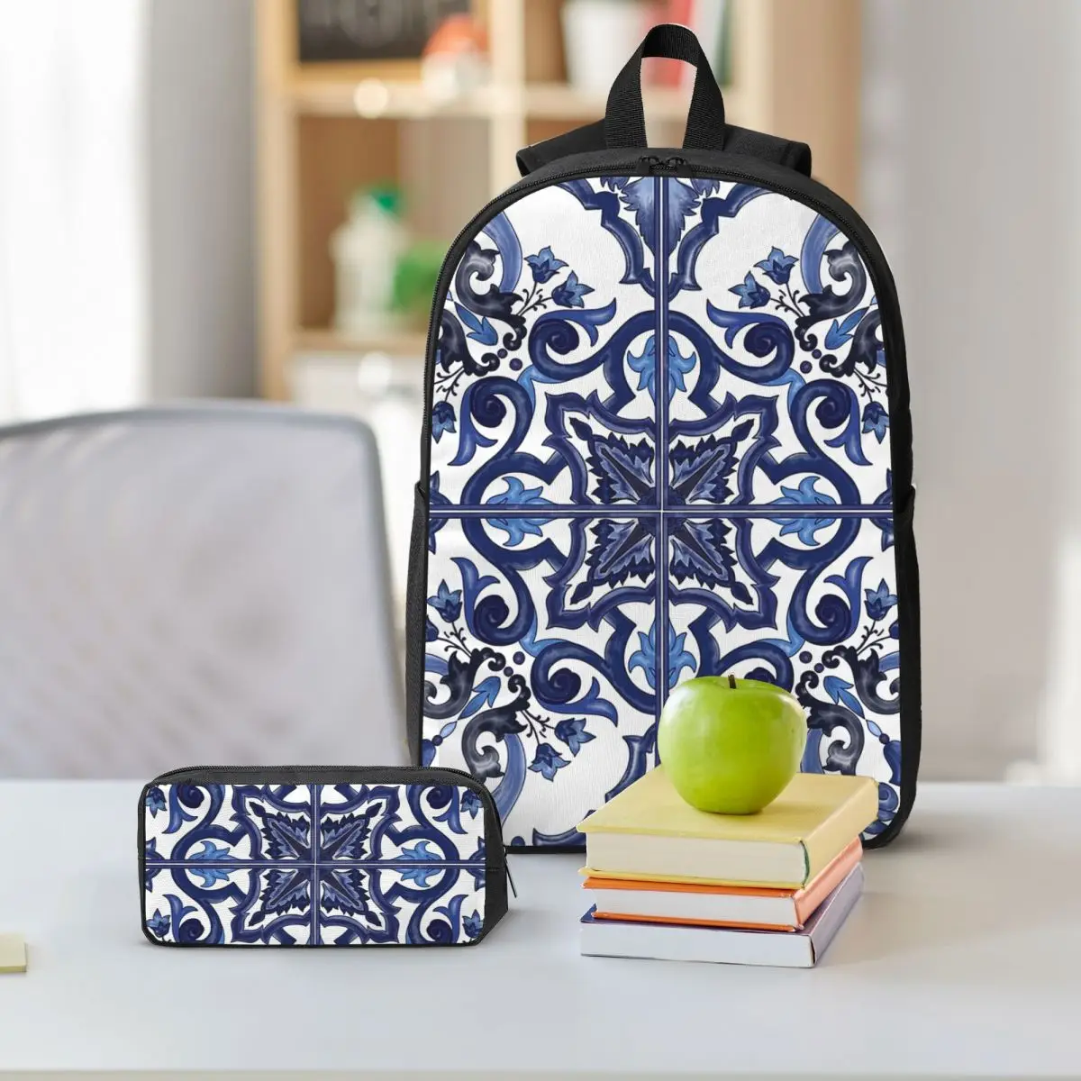 Zaino blu ornato floreale mediterraneo con piastrelle siciliane, borsa per libri, borsa da scuola, borse a tracolla, borsa per il pranzo isolata in 3 pezzi, astuccio