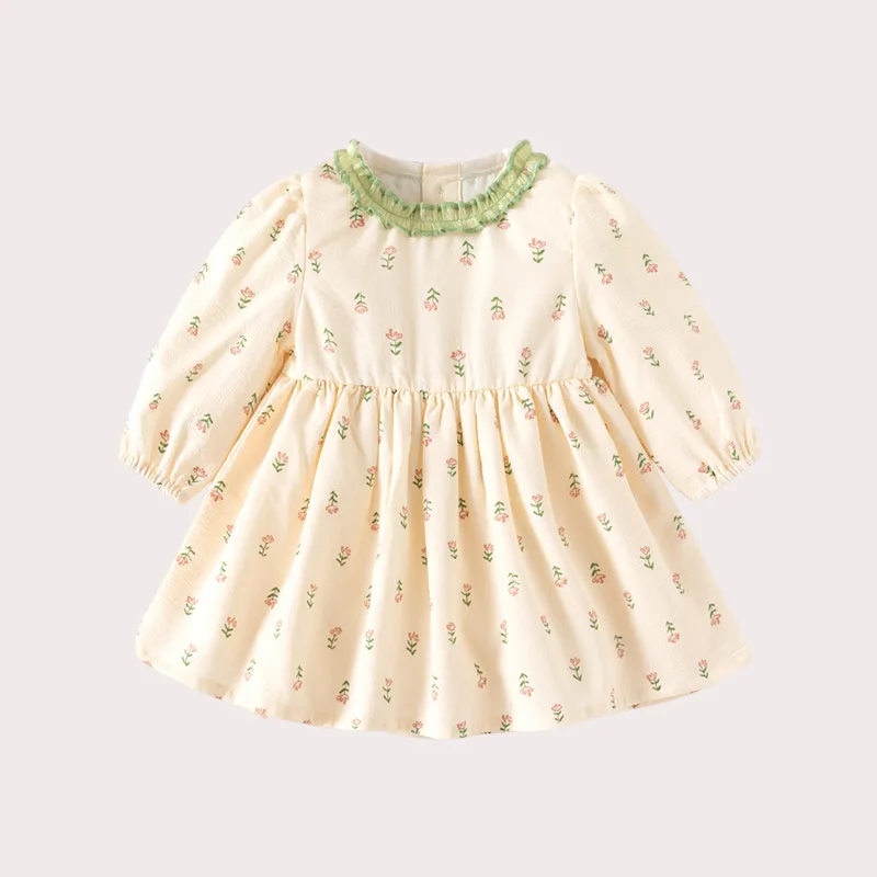 2024 Spring Autumn Baby Girls Dress Cotton Floral Printetd Ruched Lace Infant Girls Dress Knotbow Sweet Toddler Girl Drress