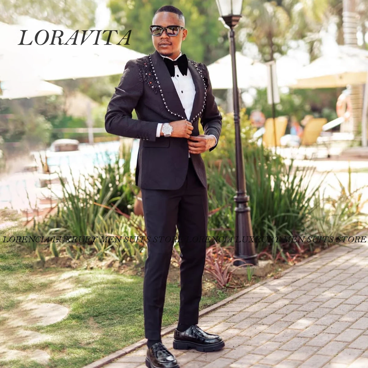 

Customized Crystal Beaded Men Suits Shawl Lapel Male Prom Blazer 2 Piece Groom Wedding Tuxedo Appliques Slim Fit Ropa hombre