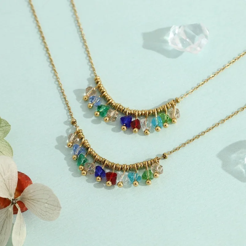 Glass Zirconium Drop Necklace Dainty Multi-Color Crystal Curved Pendant Minimalist Stackable Chain Jewelry For Women Gift