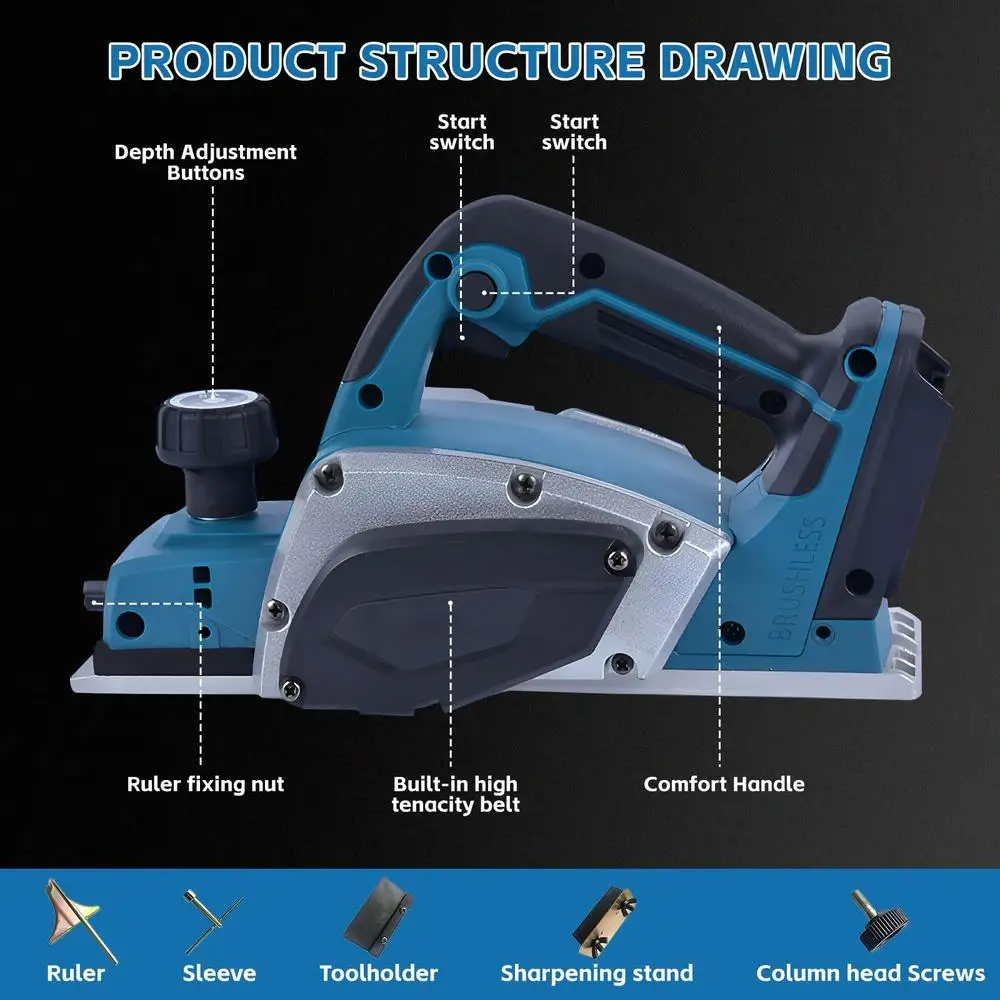 Pialla a mano senza fili Pialla per legno senza spazzole 3-1/4" Compatibile con batteria Makita 20000 giri/min Strumento elettrico per la lavorazione del legno ergonomico