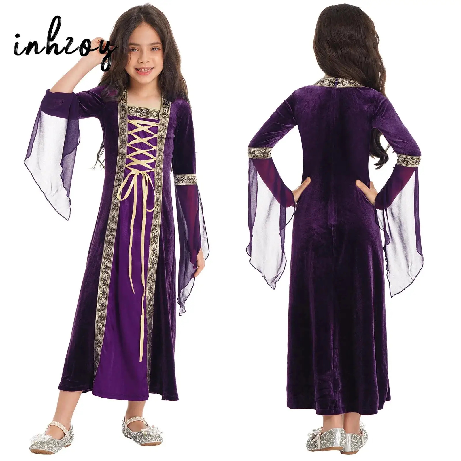 

Girls Renaissance Medieval Princess Dress Bell Sleeve Velvet Vintage Robe Ball Gown Halloween Carnival Party Role Play Costume