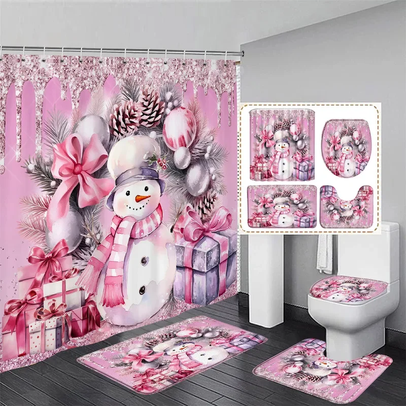 Winter Christmas Shower Curtain Set Pink Snowman Bowknot Gift Pine Bough Xmas New Year Bathroom Decor Bath Mats Toilet Lid Cover