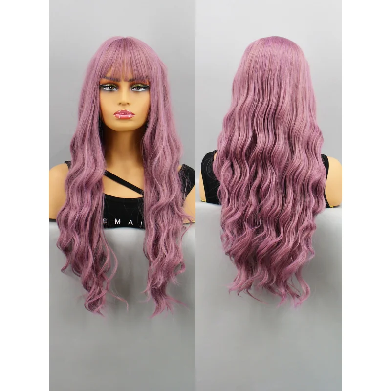 

Длинный вьющийся светло-фиолетовый парик для женщин, новый парик в европейском и американском стиле с волнистой челкой
