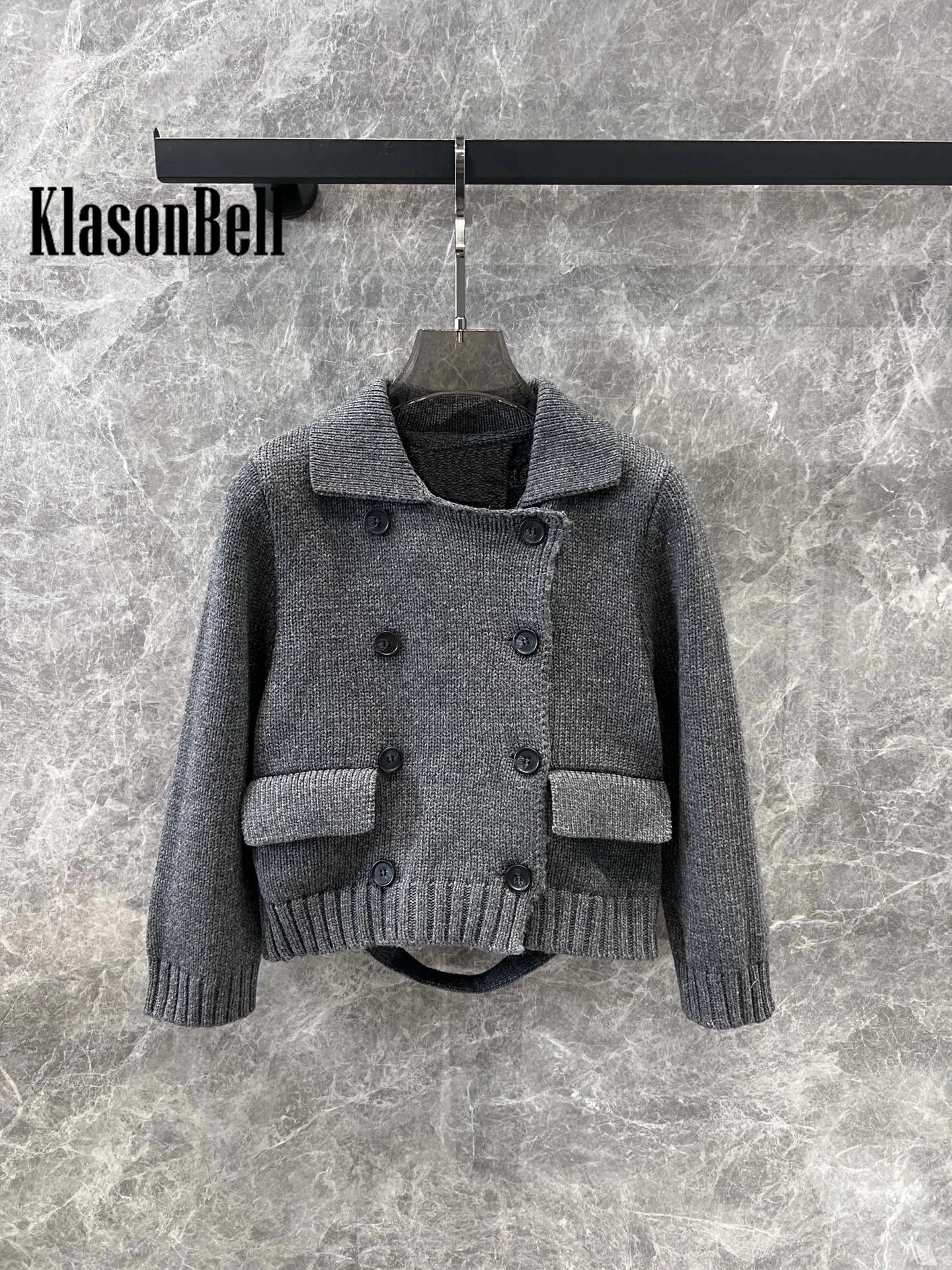 10.16 KlasonBell Fashion Runway Lapel Double Breasted Wool Knit Keep Warm Cardigan Fit Women Sweet All-match Short Coat